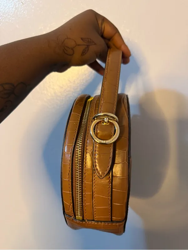 Michael Kors Cognac Croc-Embossed Round Crossbody Bag - Image 6