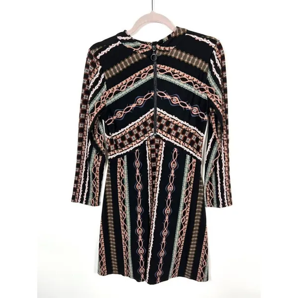Free People Long Sleeve Geometric Print Mini Dress Black Rust‎ Front Zip Size M - Image 5