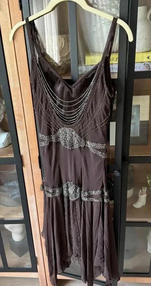 Vintage silk dress beaded Y2K embroidered 90s fairy nocturne chocolate - Image 8