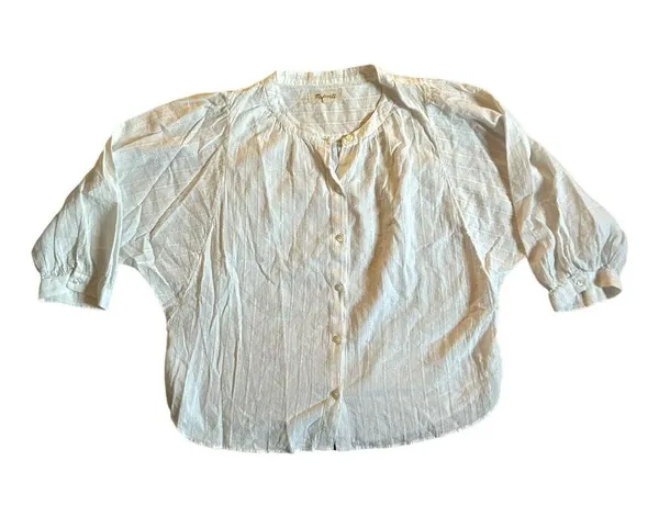 Madewell White Button Front Blouse Silver Metallic Stripe Size Medium - Image 2