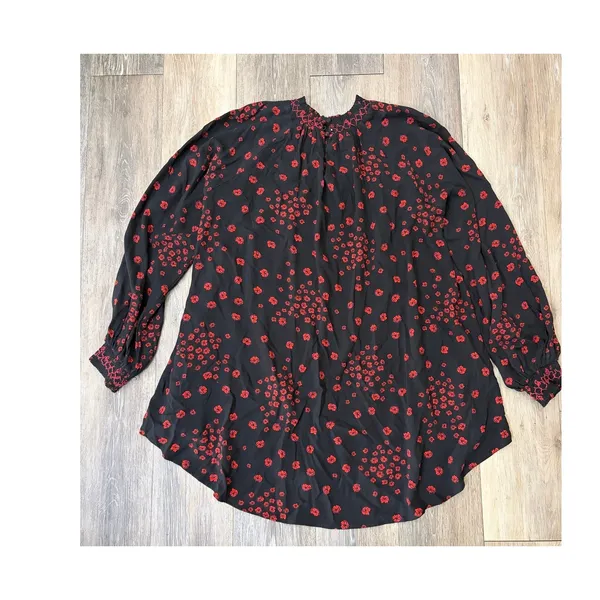 Free People Black Red Floral Blouse Sheer Boho Peasant Top Smocked Romantic - Image 2