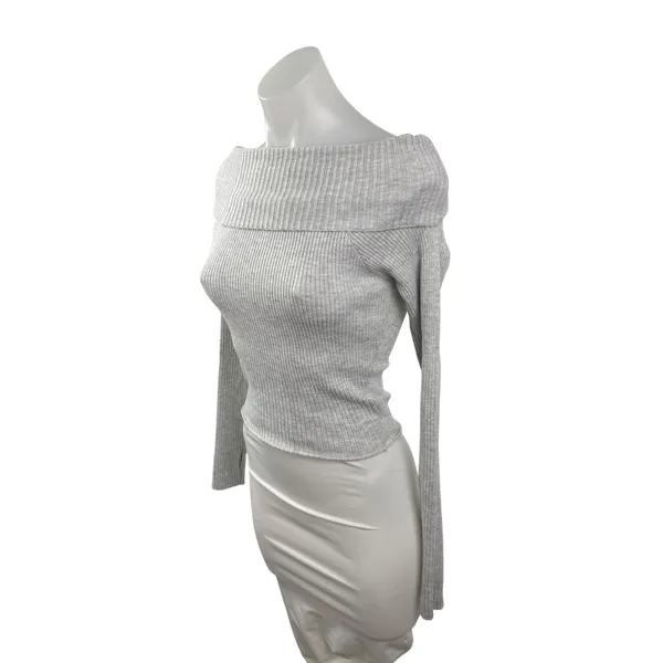 Princess Polly Women's Gray Ribbed Off the Shoulder Long Sleeve Sweater Top S/M - Image 2