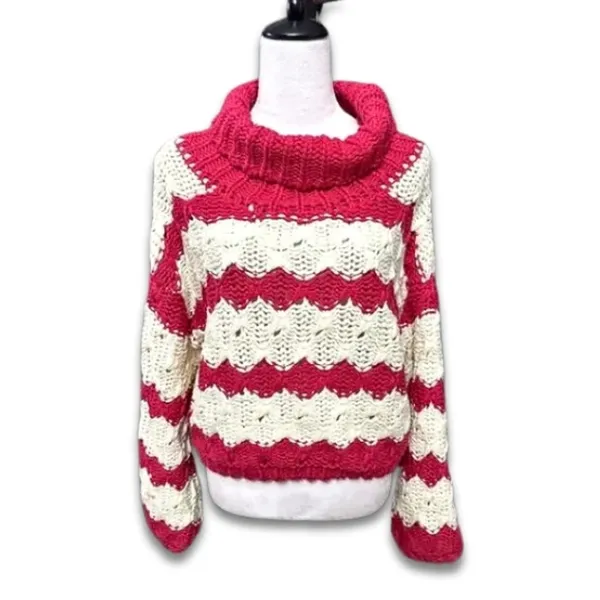 Gary Collective Preppy Chic Striped Turtleneck Pink Cream Cozy Knit Sweater L - Image 2