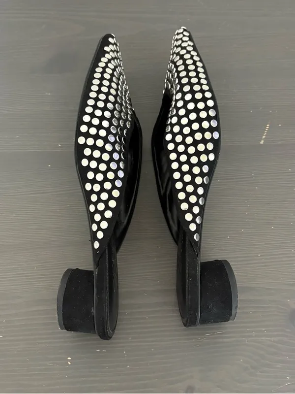 ZARA Black Studded Mules Size 37 Pointed Toe Kitten Heel Slip On Flats Chic - Image 11