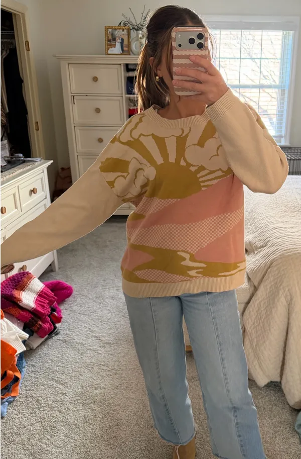 Altar'd State Pink, green and beige patterned sweater - Image 2