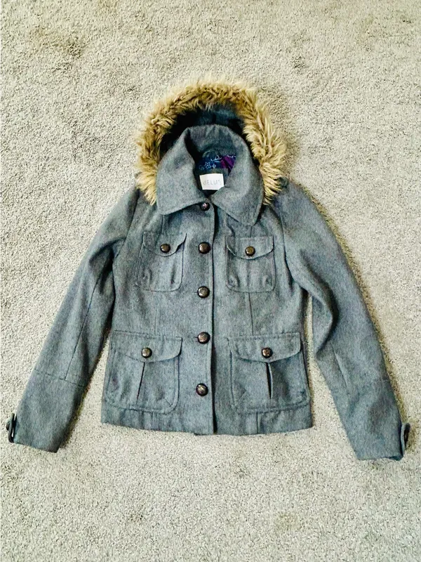 Vintage Y2K dELiA*s Grey Wool-Blend Peacoat with Removable Faux Fur Hood Medium - Image 9