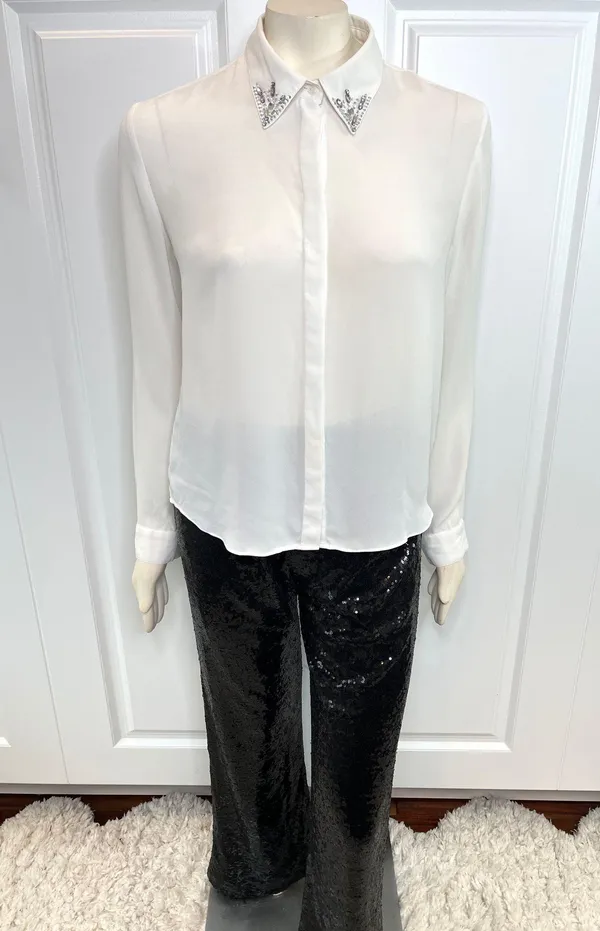 White Jewel Collar Long Sleeve Button Down Blouse - Image 2