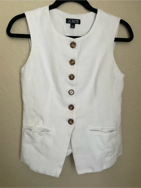 J. Crew Cutaway Vest Top Linen Size 2 White Quiet Luxury Sophisticated - Image 5