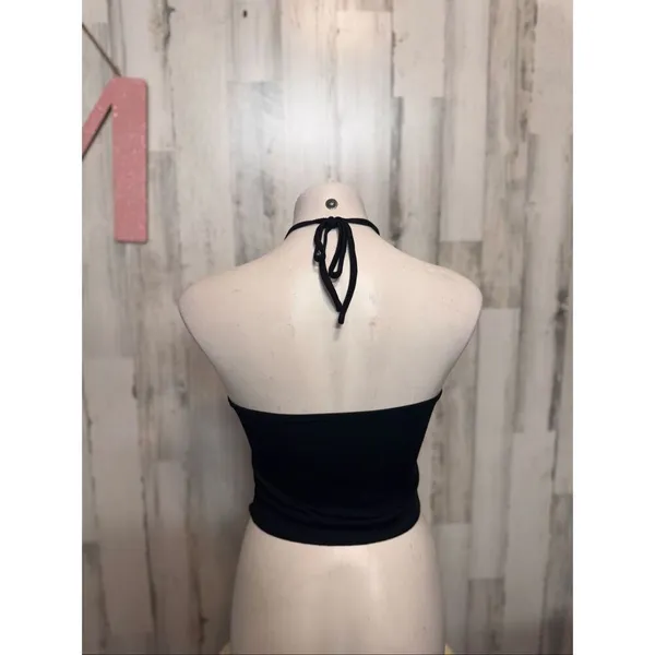 Romwe Crop Top Womens Medium Black Ribbed Halter Neck Ruched Handkerchief Hem - Image 6