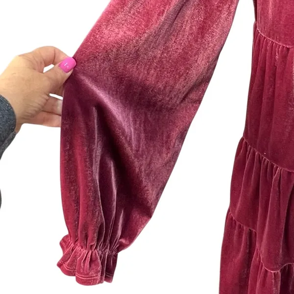 Easel Burgundy Velvet Babydoll‎ Tiered V-Neck Mini Dress Small Ruffle Flowy Boho - Image 8