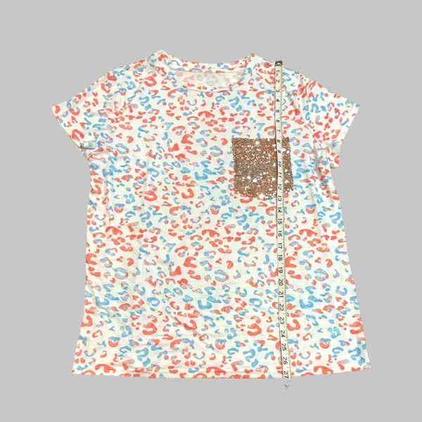 Leopard Print White, Orange, and Blue Shirt with Sequin Glitter Pocket - Image 4