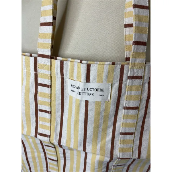 Sézane et Octobre Editions Cotton Tote Bag Tall Brick Stripe Print Yellow Brown - Image 5