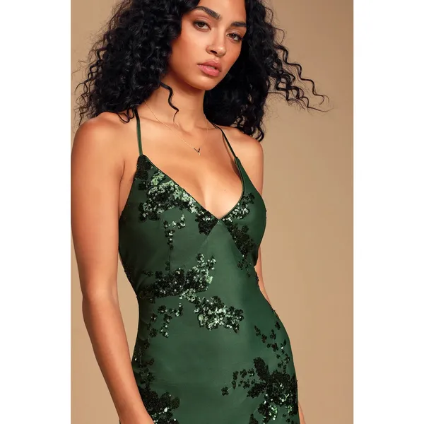 NWT Lulus Valhalla Forest Green Sequin Lace-Up Maxi Dress Glam Holiday Size M - Image 4