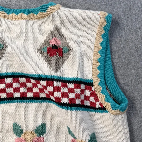 Vintage 1990 Susan Bristol Knit Sweater Vest Women's Large Floral Check V-Neck - Image 8
