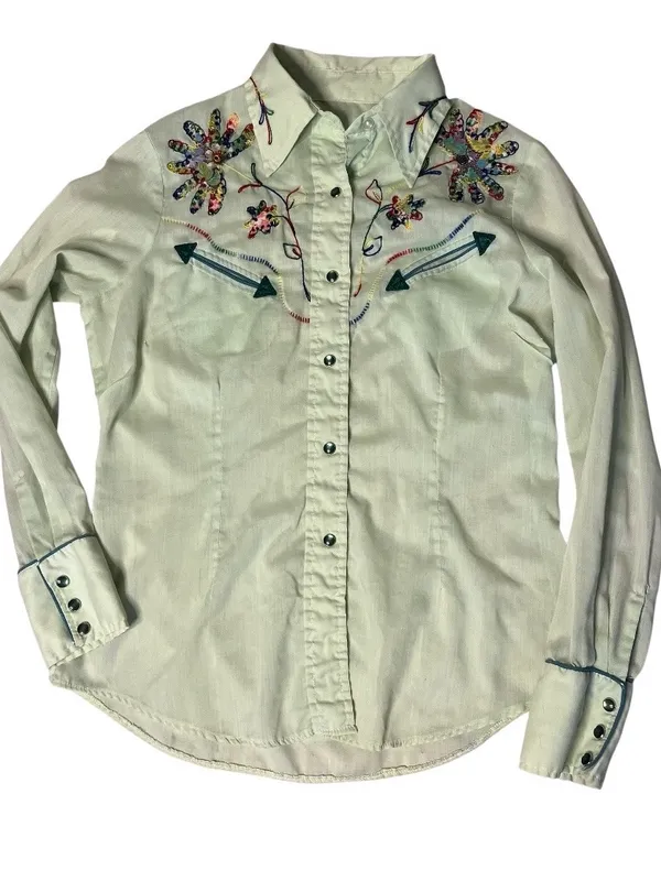 H BAR C Ranchwear California Western Shirt Green Embroidered Vintage 1970’s - Image 3