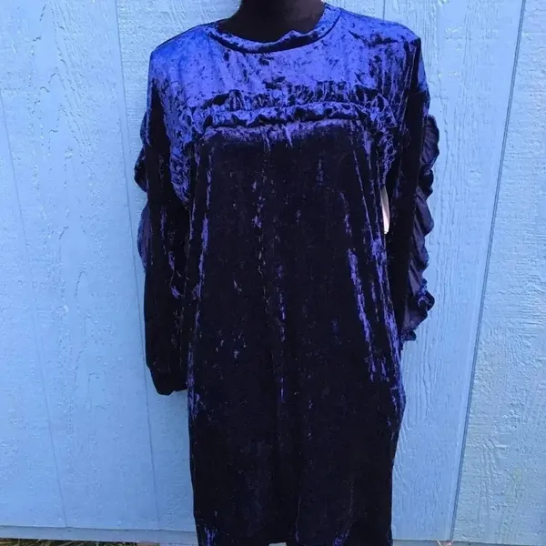 NWT Kaktus Crushed Velvet Navy Ruffle Dress S v6x - Image 3