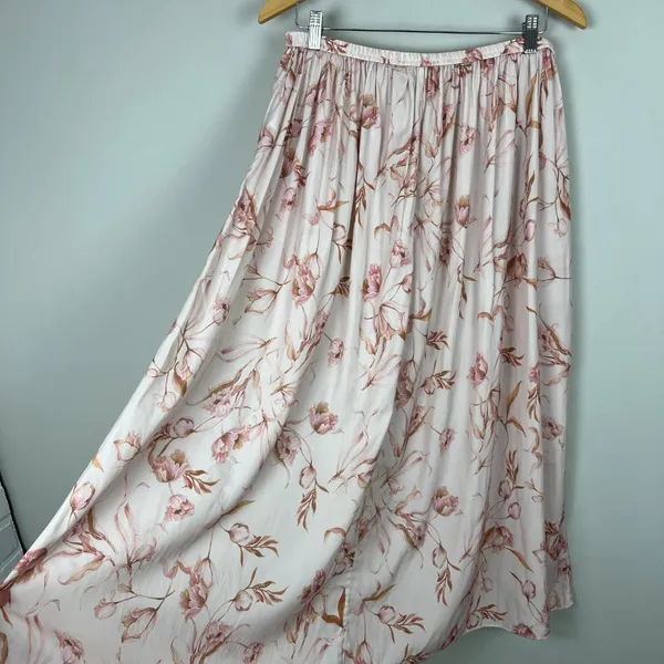 T Tahari Maxi Skirt Womens Large Cream‎ Pink Floral A-Line Stretch Lightweight L - Image 8