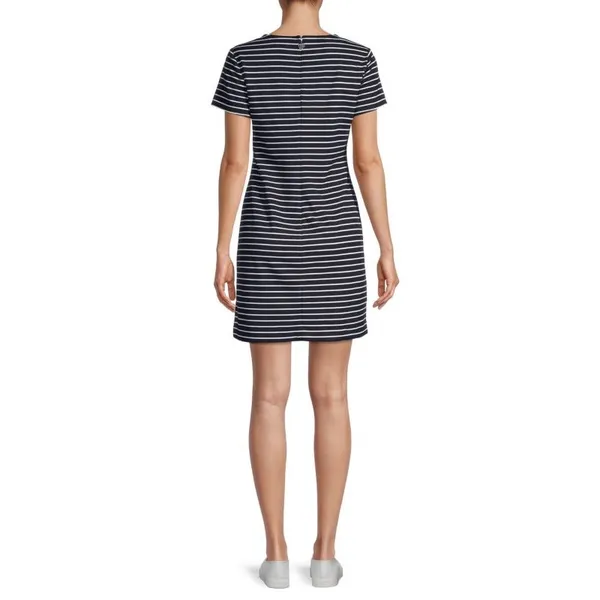 Tommy Hilfiger Women's Blue Striped Short Sleeve Split Neck Mini Sheath Dress 2 - Image 2