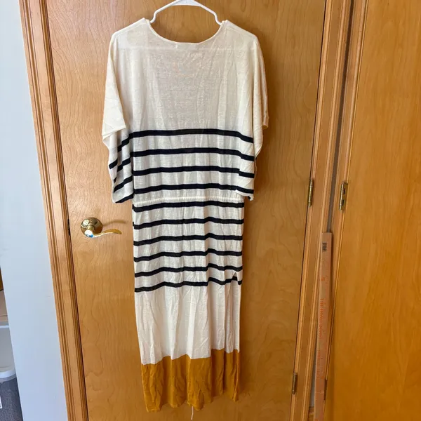 FRAME Striped Maxi Dress Womens S Cream Navy Mustard Linen Blend V-Neck Slit - Image 9