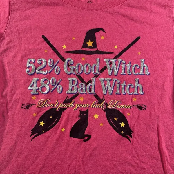 Women’s Large Pink Halloween Witch Graphic T-Shirt 52% Good Witch 48% Bad Witch - Image 3