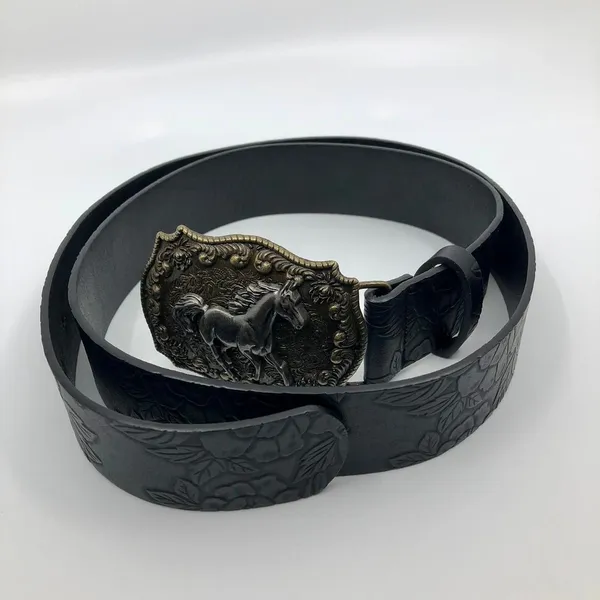 Women's Black Embossed Western Horse Buckle Belt, 28.5–39.5 Inches, X7G9A1018 - Image 7