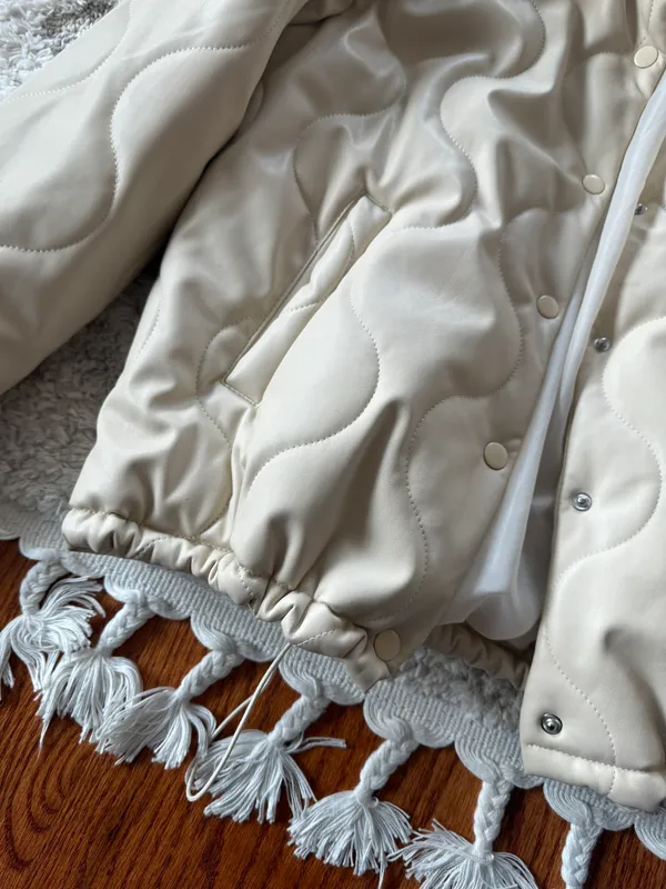 Forever21 cream puffer wavy stitch cinchable waist transition jacket - Image 6