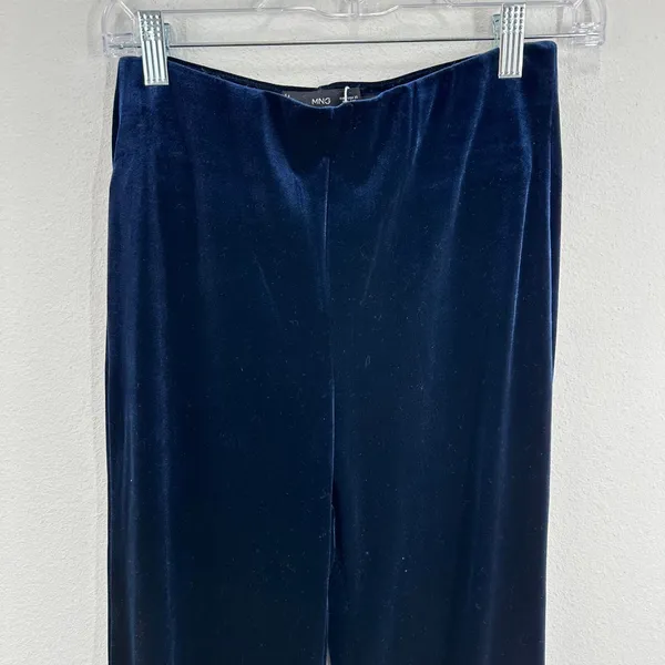 MNG Mango Navy Blue Velvet Pants Women's Straight Leg Pull On‎ Contemporary Chic - Image 3