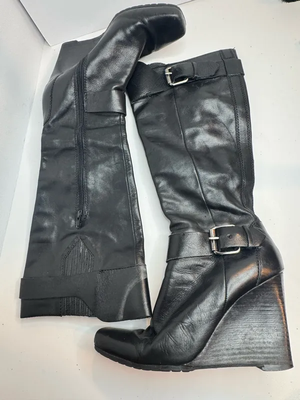 Nine West Niolia Black Leather Wedge Knee High Boots Womens Size 9 M - Image 4