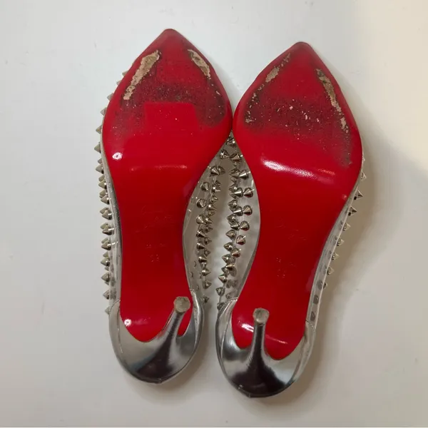 Christian Louboutin Metallic Silver Gloss Clear PVC Spike Me 100 Pumps Size 39 - Image 11