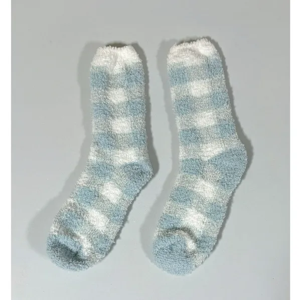 Blue White Pastel Plaid Checkered Plush Fuzzy Winter Socks Hosiery ❄️ - Image 3