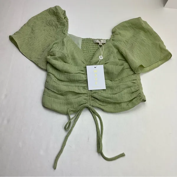 WAYF Secrets Kept Gathered Flutter Sleeve Top‎ XS Green Coquette NEW *TINY FLAW - Image 2