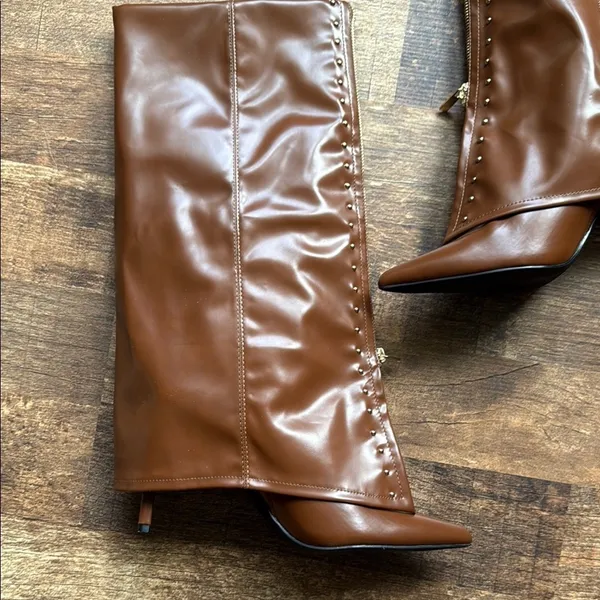 Source Unknown Elegant Brown Leather Women's Boots brown knee high boots with studded details - Image 4