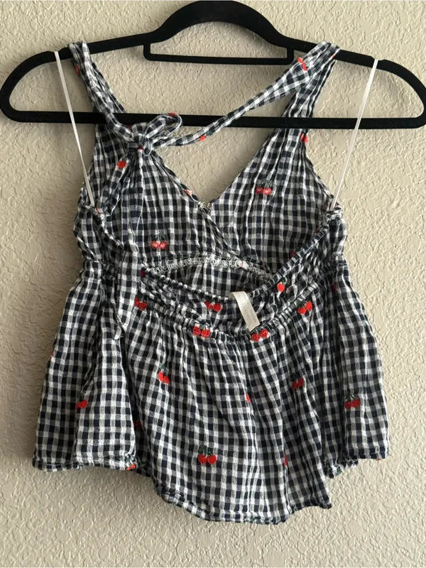 American Eagle Cherry Gingham Halter Peplum Top XS Embroidered Babydoll Y2K - Image 8