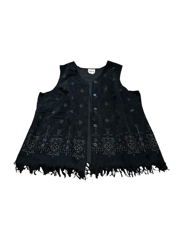 Vintage Black Faux Suede Vest Fringe Hem Embroidered Boho Western Festival - Image 2