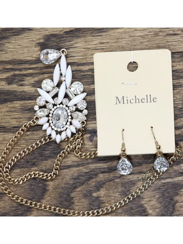 NWT Michelle Pendant Teardrop Earring Necklace Set Gold / White 17" + 2" - Image 4