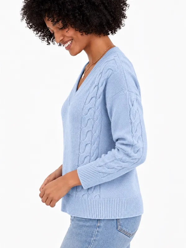 Charter Club Soft Blue 100% Cashmere Cable-Knit V-Neck Sweater Size Medium - Image 2