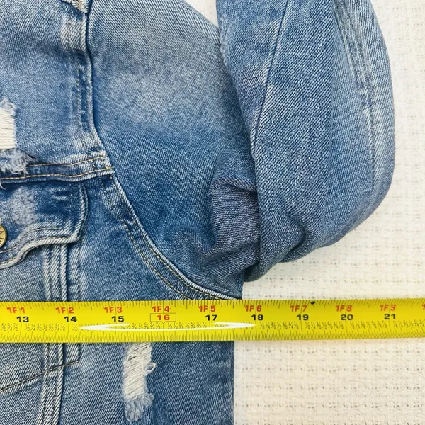Just USA Boutique Women Distressed Blue Staircase Hem Jean Jacket Button Up-Med - Image 13