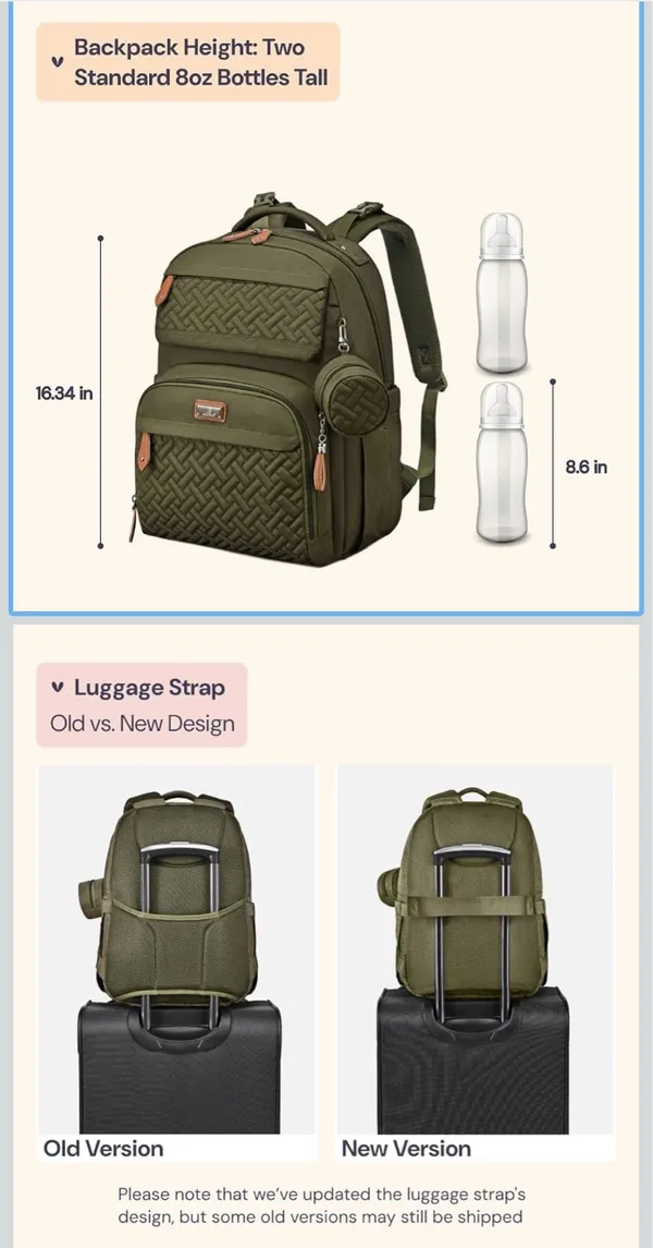 BabbleRoo Olive Green Quilted Baby Backpack Bag with Detachable Pouch - Image 2