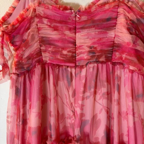 Lulus Exquisite Existence Pink Floral Mesh Pleated Ruffled Midi Dress Size XL - Image 7