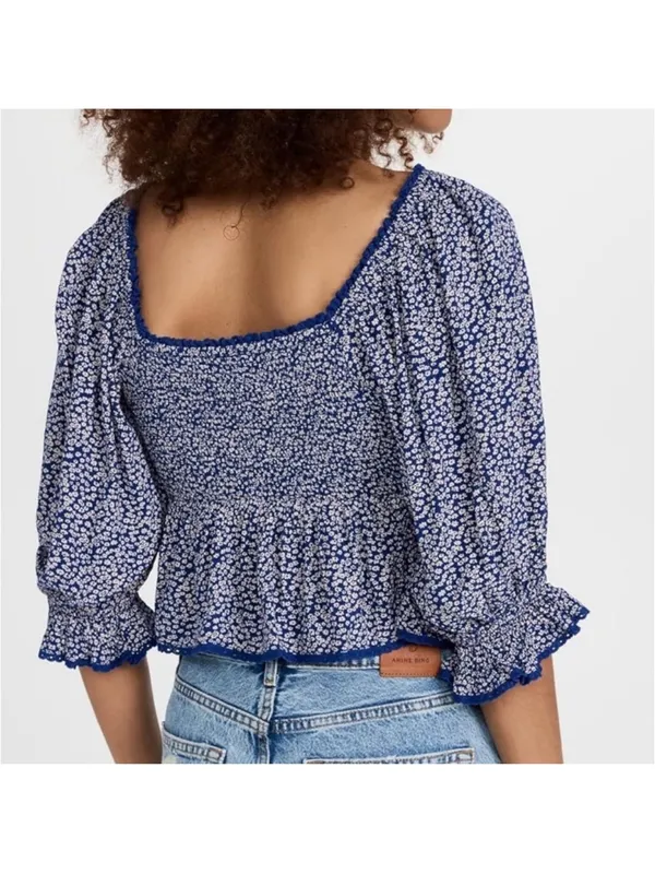 Free People Brittnee Print Smocked‎ Peplum Crop Top Blue Combo Size Small - Image 3