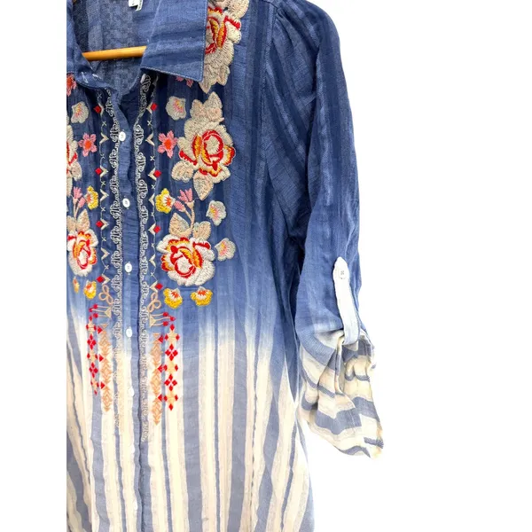 Andree by UNIT Blue Ombre Striped‎ Floral Embroidered Cotton Tunic Dress Small - Image 3