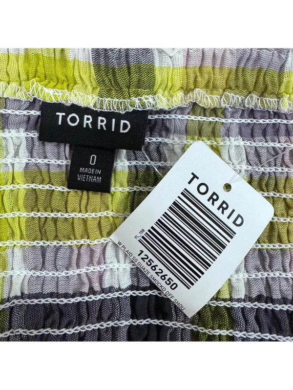 Torrid Multicolor Plaid Smocked Off Shoulder Babydoll Top Size 0 (12) - Image 5