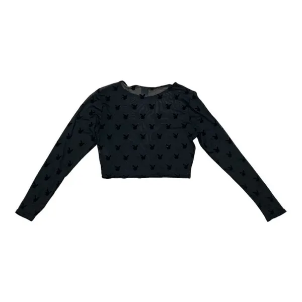 Play Boy Women Crop Top Size L/XL Black Lace Sheer Long-Sleeve Scoop-Neck Blouse - Image 5