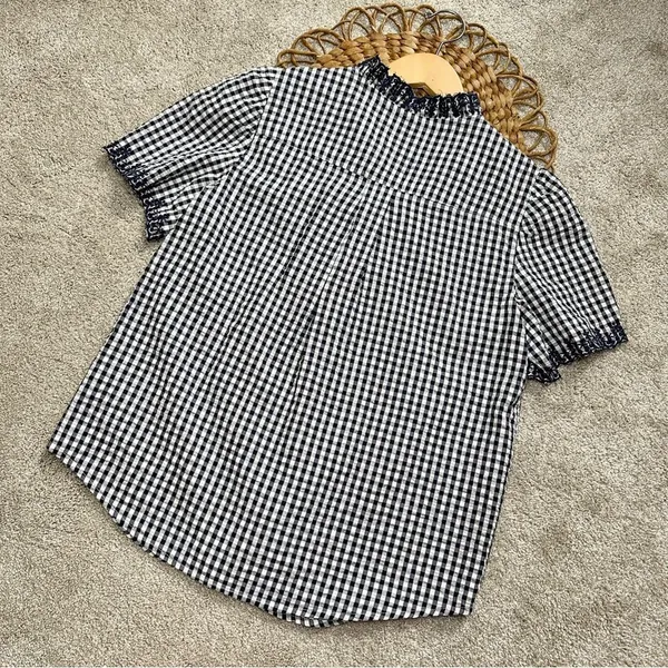 J.Crew Embroidered Indigo Crinkled Gingham Short Sleeve Navy White Top Cotton XS - Image 10