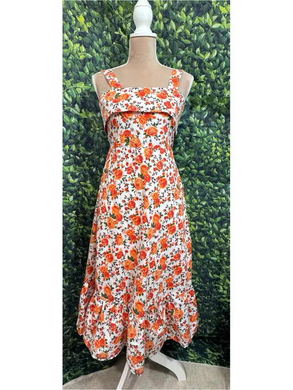 Boutique Floral Garden Party Midi Dress Tie Back Ruffle Hem Cotton Size Medium - Image 11