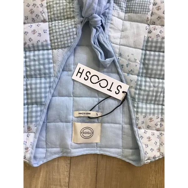 Stoosh Quilted Patchwork Tie Front Light Puffer Vest Blue Floral L - Image 3