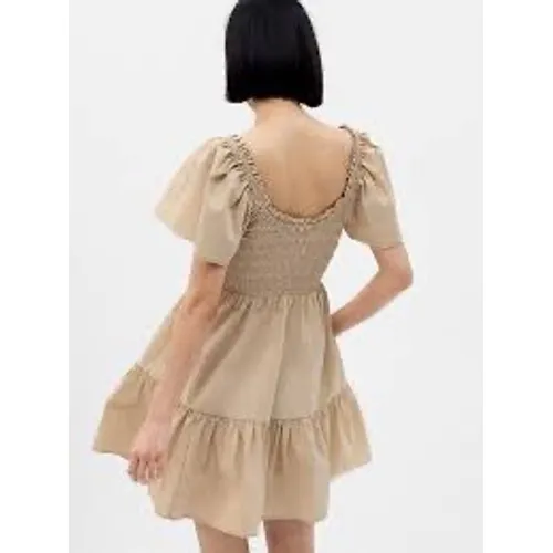 Gap Women Smocked Mini Dress Tan‎ Khaki Puff Sleeve Tiered Cotton L NEW - Image 2