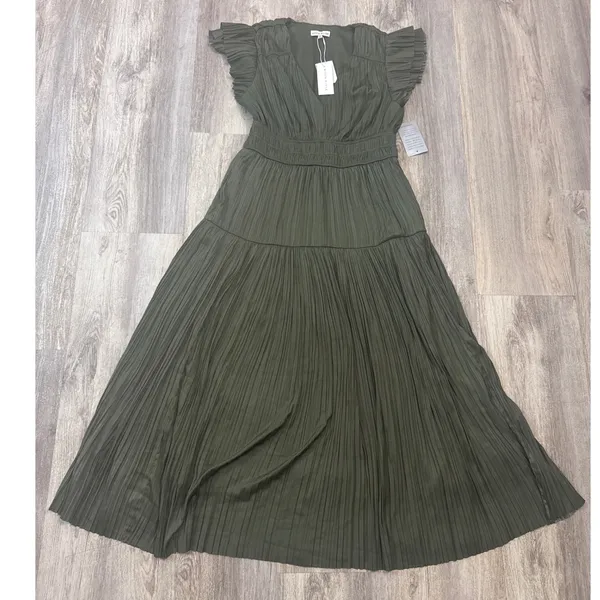 Moon River Olive Green Pleated Flutter Sleeve Tiered Midi Dress‎ NWT Size Large - Image 2