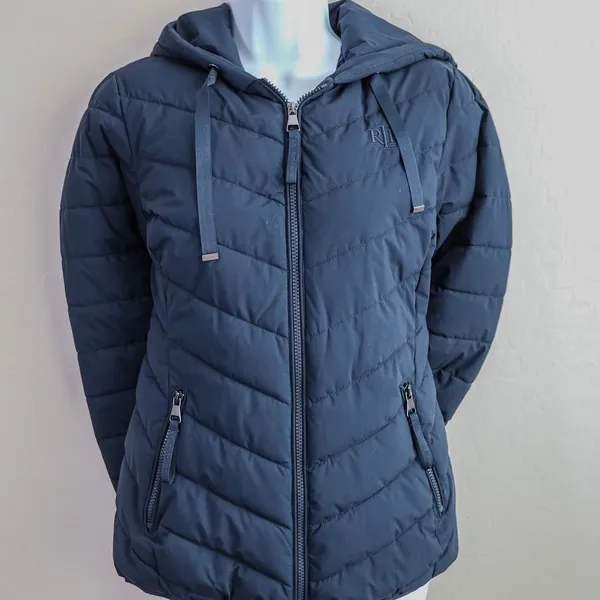 Lauren Ralph Lauren Puffer‎ Jacket Womens XS Navy Blue Chevron Quilted Hood Coat - Image 6
