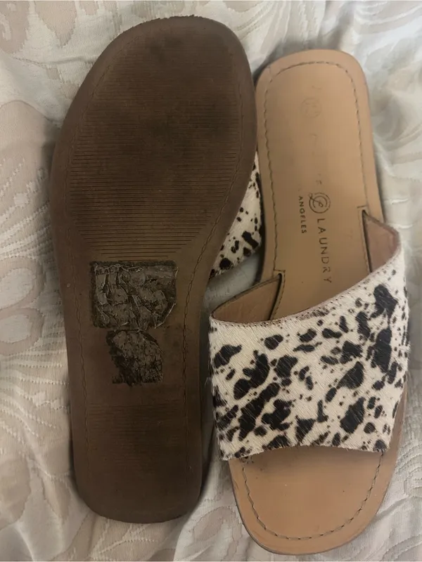 Chinese Laundry Regina / Moonshine Cow Print Calf Hair Slide Sandals - Image 5